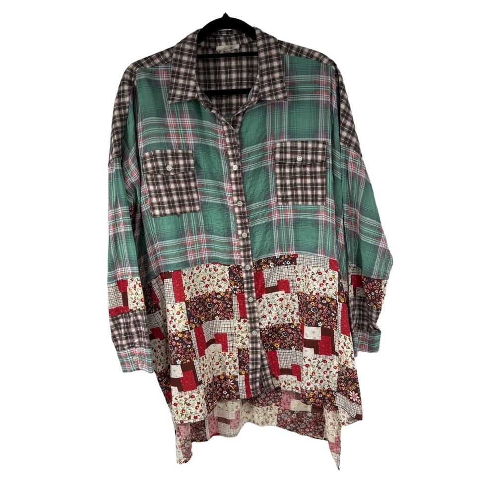 Easel Patchwork Oversized Floral Mixed Print Boho Button Up Top Womens Large - Picture 1 of 9
